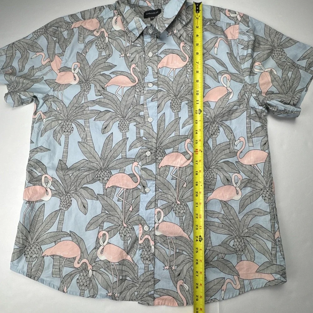 Warehouse One Flamingo Palm Tree Tropical Button Down Shirt XL Light‎ Blue Pink